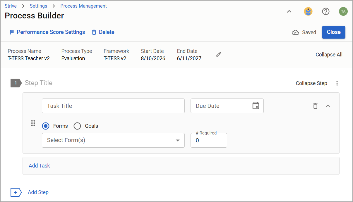 Process Builder interface showing steps, tasks, due date, and form selection options.